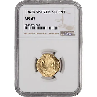 $810.79 • Buy 1947 B Switzerland Gold 20 Francs - NGC MS67