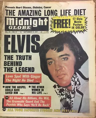 Midnight Globe Tabloid Magazine Elvis Presley 9-13-1977 Good Condition • $9.99