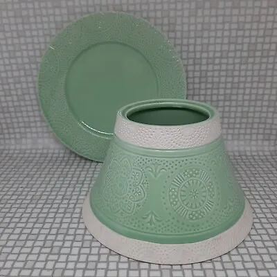 Yankee Candle Green Ceramic Topper Lamp Shade & Tray Floral Embossed Large Jar • £24.99