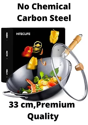 HITECLIFE Wok PanChemical Free 100% Carbon Steel Frying Pan Detachable Handle • £15.99