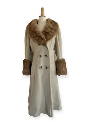 Vintage 70s Jacobsons Wool Coat Fur (Mink?) Collar & Cuff Sz S/M Cream Long • $147