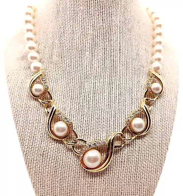 Vintage 1970s-80s Signed TRIFARI Gold Tone Faux Pearl Necklace W/diamante Stones • $22.95