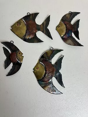 Set Of 4 MCM Metal Fish Blowtorched & Painted Sculpture Wall Hang Decoration • $24.99