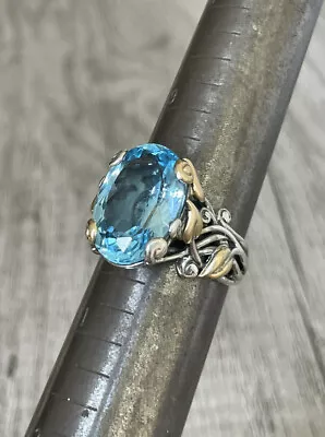 BARBARA BIXBY Sterling 925 & 18K Gold Blue Topaz 14.3 Carat Vine Leaf Ring 10 * • $199.99