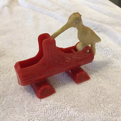 Vintage Woodpecker Match Toothpick Dispenser Holder Plastic  Red White • $15