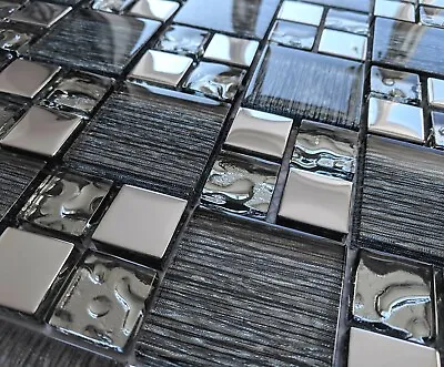 £8.98 • Buy New Black Grey Glass Foil & Silver Chrome Metal Square Mosaic Wall Tiles 8mm