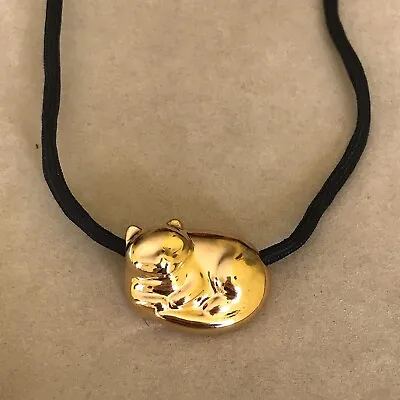 Vintage Cat Gold Foil Porcelain Pendant Black Rope Kitty Necklace • $29