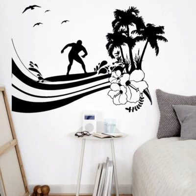 Summer Wall Decal Surfing Wave Palm Tree Beach Style Surfer Island Wall Sticker • $8.35