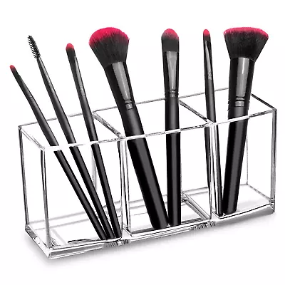 Clear Makeup Brush Holder Organizer Acrylic Cosmetic Brushes Storage With 3 Slot • $11.46