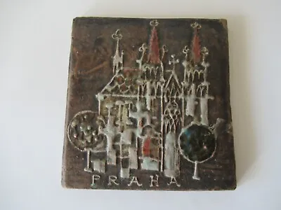 $42 • Buy Vintage Stoneware Souvenir Tile Dimensional Detail Praha Prague 5  X 5 