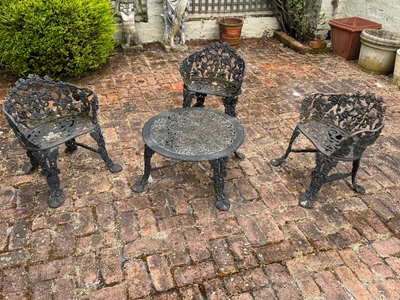 $800 • Buy Vintage Decorative Cast Iron Four Piece Outdoor Setting Table & 3 Chairs