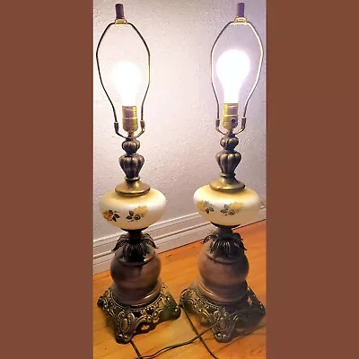 VTG Yellow Rose Hand Painted Milk Glass Brass Wood Parlor Lamps EF EF Industries • $119.99