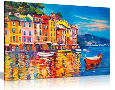 Colourful Oil Painting Boats Sea Harbour Canvas Wall Art Picture Print • £34.99