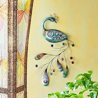 Colorful Peacock Metal Wall Art Sculpture Jeweled Tail Capiz Accents Handmade • $51.60