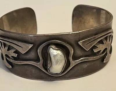 Vintage Sterling Silver Navajo Cuff Bracelet /Pearl Accent - Signed *damaged /NR • $55