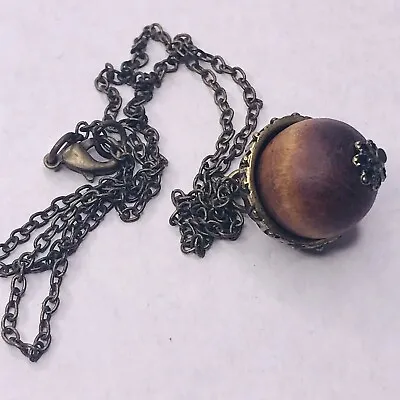 $15.29 • Buy Wood Acorn Pendant Charm Necklace Antiqued Gold Tone CHain 18 