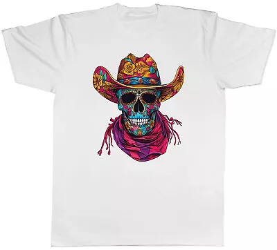 Mexican Sugar Skull Mens T-Shirt Cowboy Hat With Scarf Tee Gift • £8.99