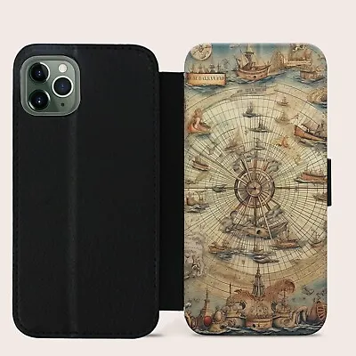Vintage World Map Drawing Flip Wallet Phone Case For Iphone Samsung Huawei • £11.99
