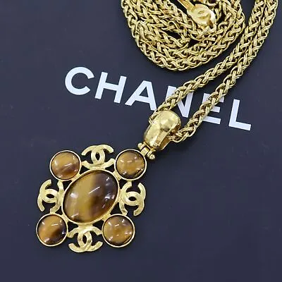 CHANEL Logo Used Necklace Gold Plated Chain Stone 95 A France Vintage #AG92 Y • $3516.64
