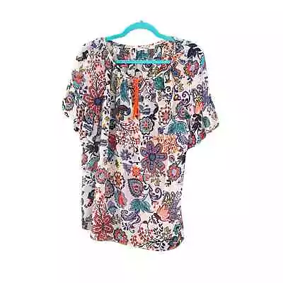 Milly Womans Peasant Top Size L Colorful Semi Sheer Top Blouse Tassle Tie Shirt • $26.88