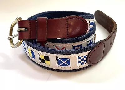 Leather Man Belt Men SZ 34 Nautical Flag Leather Brass Buckle Essex CT Sailing • $14