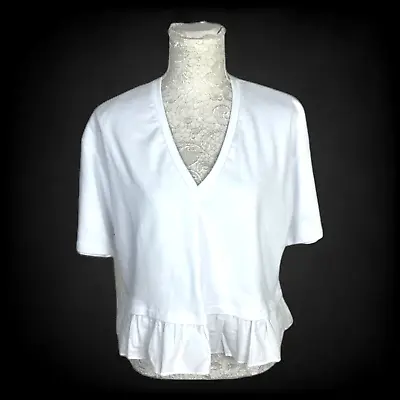 Zara V-Neck Short Sleeve Peplum White Ruffle Hem 100% Cotton Size Small S • £13.95