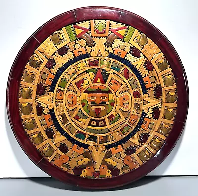 Aztec Mayan Sun Wall Calendar Mexico Hand Carved Inlaid Wood Vtg Folk Art Plaque • $59.99