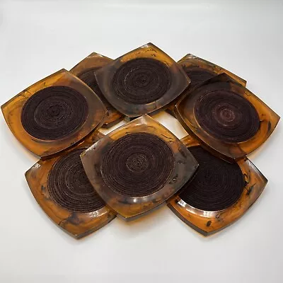Vintage MCM Lucite Coaster Set Of 8 Tortoise Shell Black Rope Coil Acrylic • $15