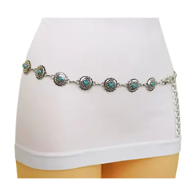 Women Belt Vintage Silver Metal Hip Waist Flower Waistband Turquoise Blue S M • $19.99