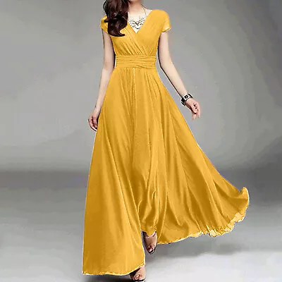 Women's V-Neck Solid Color Short Sleeve Chiffon Waist Closing Evening Dress • $18.16
