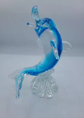 Vintage Murano Style Art Glass  Blue Dolphin On A Clear Wave Figurine 9”T • $50