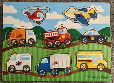 $13.50 • Buy Melissa And Doug Vehicles Bus Fire Truck Police Car Wooden Wood Peg Puzzle Board