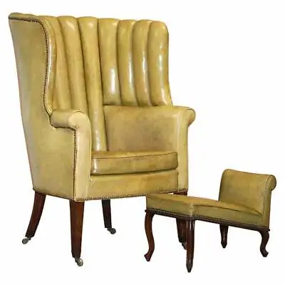 Regency Circa 1815 Fluted Barrel Back Leather Wing Armchair & Matching Stool • $6838.43