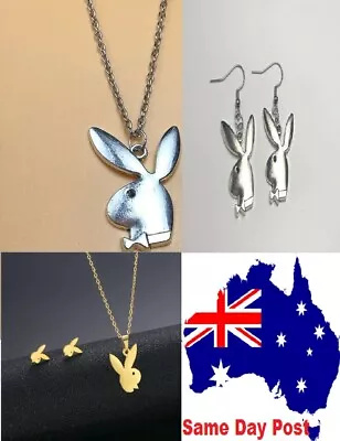 Silver New Kpop Playboy Necklace Play Boy Earrings Rabbit Bunny Pendant Necklace • $8.95