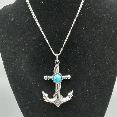 Faux Turquoise Fouled Stainless Steel Anchor Pirate Reversable 22  Mens Necklace • $13.99