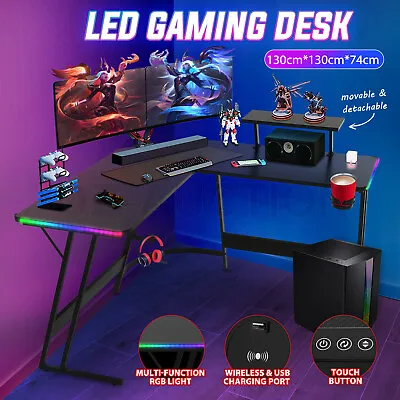 $219.95 • Buy L Shaped Gaming Desk Computer Office Workstation Carbon Fiber Racer Table LED