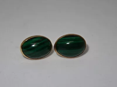 Attractive Pair Of Hallmarked 9ct Yellow Gold & Malachite Oval Earrings - 4.38g • $101