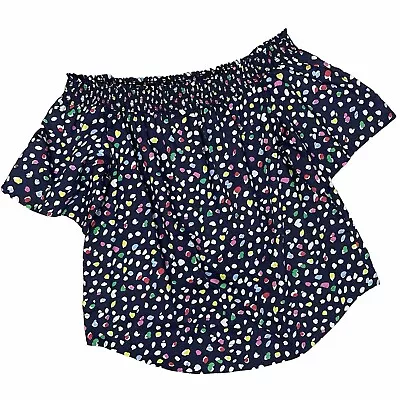 J. Crew Ratti Happy Cat Print Dots Off Shoulder Blouse Shirt Top Blue Sz 12 EUC • $29