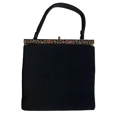 Vintage La France Evening Bag Black Embroidered Floral Trim Handbag Purse • $23.99