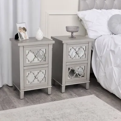 Pair Of Silver Mirrored Bedside Tables Sabrina Silver Range Bedroom Furniture • £232.95