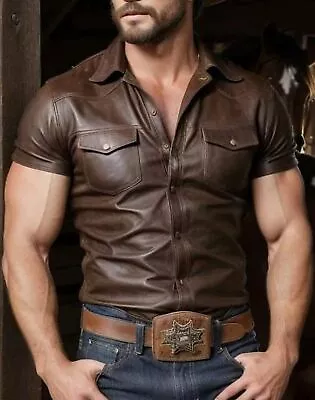 New Men's Real Vintage Leather Shirt Sexy Short Sleeves Brown Leather Shirt • $110