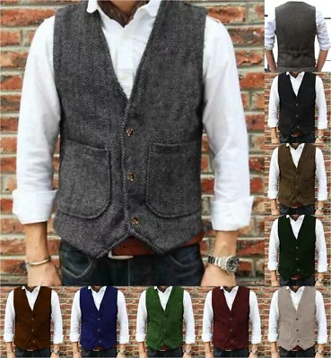 Elegant Mens Vest Tweed Waistcoat Herringbone Retro Hunting Wool Vintage Wedding • £19.19