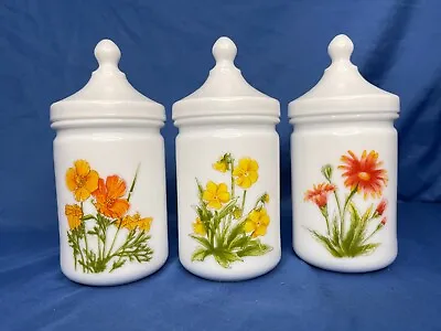 Vintage France Milk Glass Vanity Apothecary Jar Set Dome Lids Bright Florals 6  • $29.99