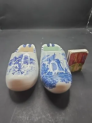 Vintage Pair Holland Delft Blue & White Dutch Windmill Ceramic Shoe Clog Ashtray • $30