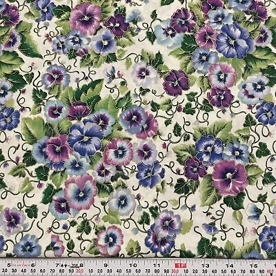 Vintage Faye Burgos For Marcus Brothers Metallic Pansy Cotton Remnant 15  X 42  • $5