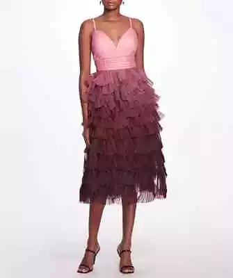 $895 NEW Marchesa Notte Tiered Ruffle Midi Dress Rose Pink Plisse Ombre 10 12 • $395