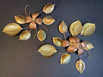 Vtg Floral Brass Copper Wall Decor Metal Art Dogwood Flowers Leaves MCM 2 Pieces • $11.20