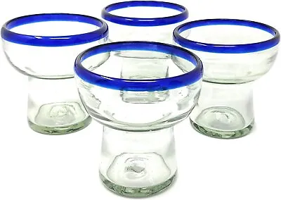 Mexican Hand Blown Glass – Set Of 4 Stemless Blue Rim Margarita Glasses (14oz) • $47.99
