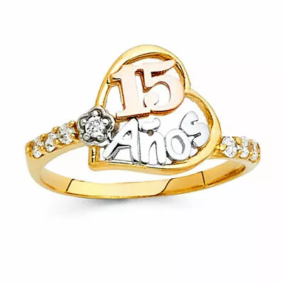 14k Real Solid Gold Heart Quince 15 Anos CZ Quinceañera Ring Oro Solido Anillo • $211.98