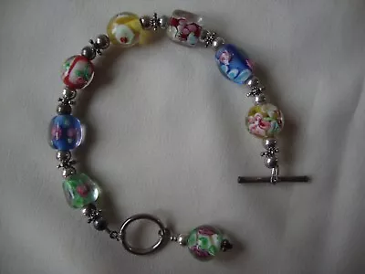 VINTAGE 1990s MURANO STYLE MILLEFIORI ART GLASS CHARM BEADS 7 INCH BRACELET • $14.99